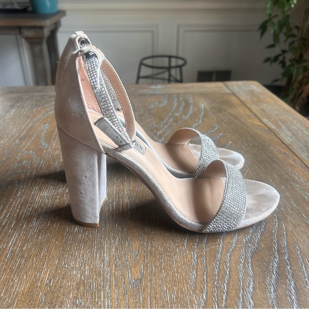 Steve Madden Taupe Suede Block Heel Sandals with Rhinestone Straps
